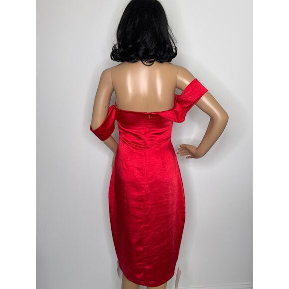NWT Vesper London Red Off-Shoulder Drape Neck Bodycon Midi Dress Size XS - Picture 4 of 16